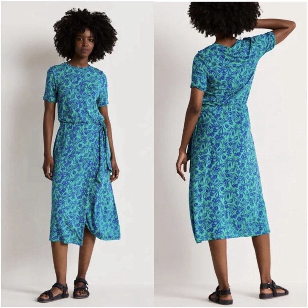 Boden Floral Midi Wrap Dress Women’s 8 Regular Blue Green Jersey Knit Pockets